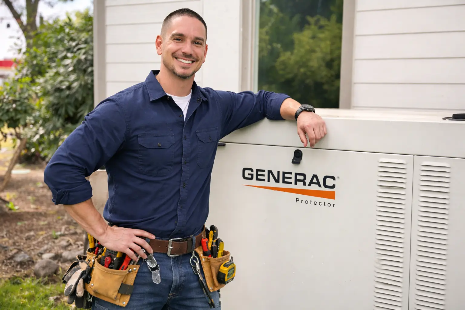 Technician next to a Generac generator